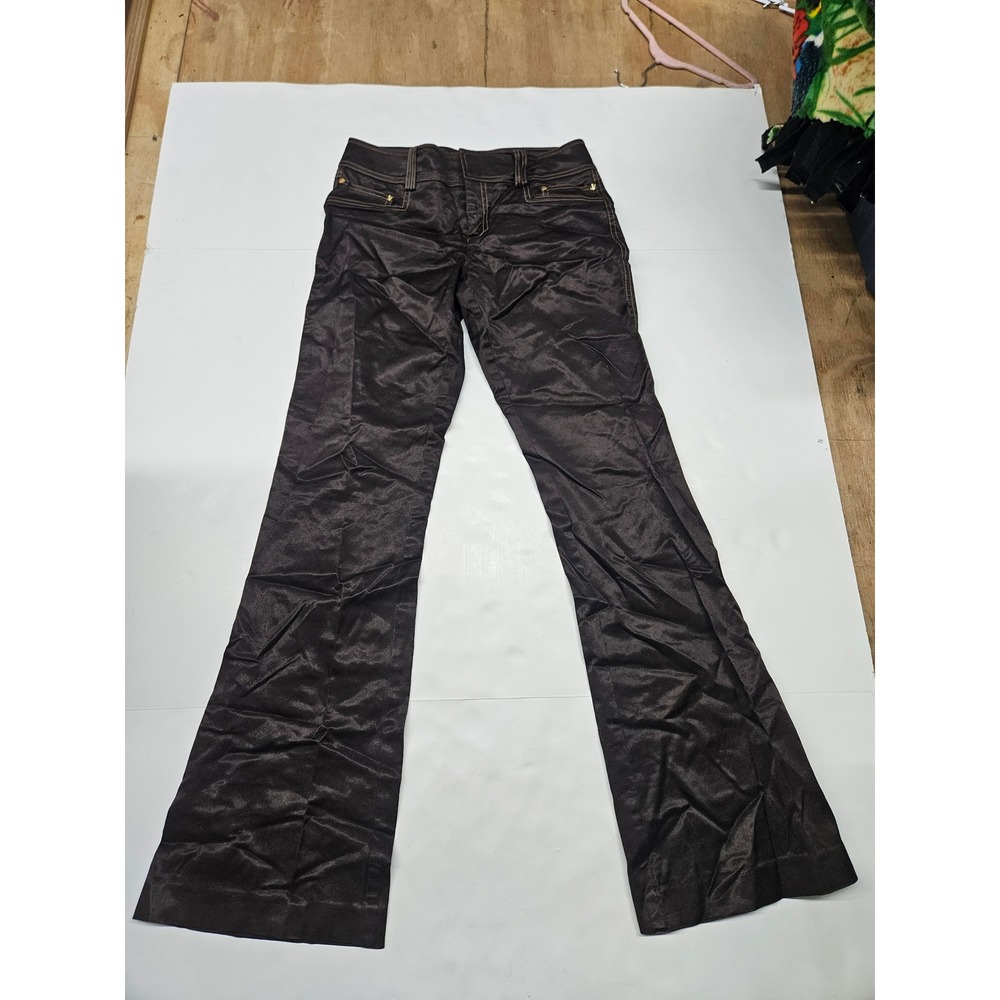 Cache Dark Brown Satin Flare Leg Trousers Contrast Stitch Gold Hardware Size 4